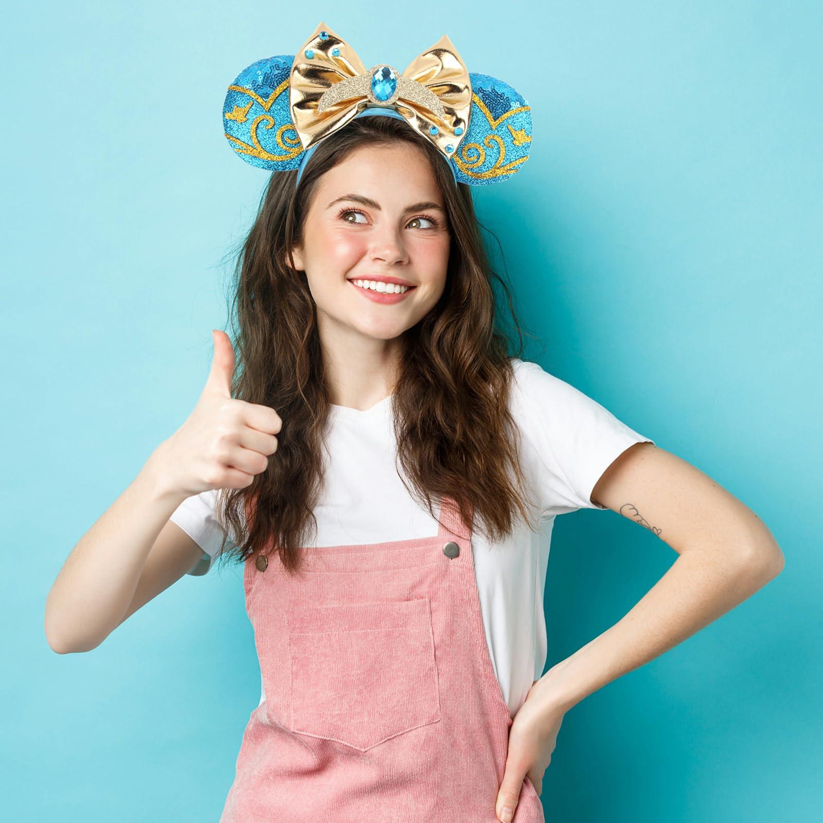 Huavista Huavista Mouse Ears for Women, Sequin Headband with Shiny Bow, Hair Accessories for Women Adult Princess Birthday Party (Gold/Blue)