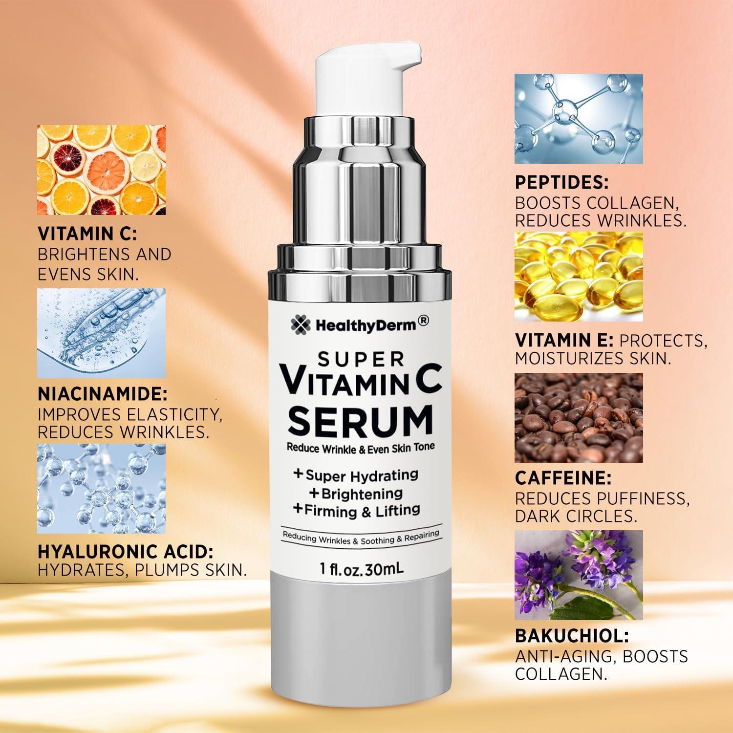 HealthyDerm Super Vitamin C Serum for Women Over 70: Niacinamide, Vitamin C, Hyaluronic Acid, Peptides, Vitamin E, Caffeine, Bakuchiol, Hydrating, Lifting, Wrinkle & Age Spots Reduction Pack of 3