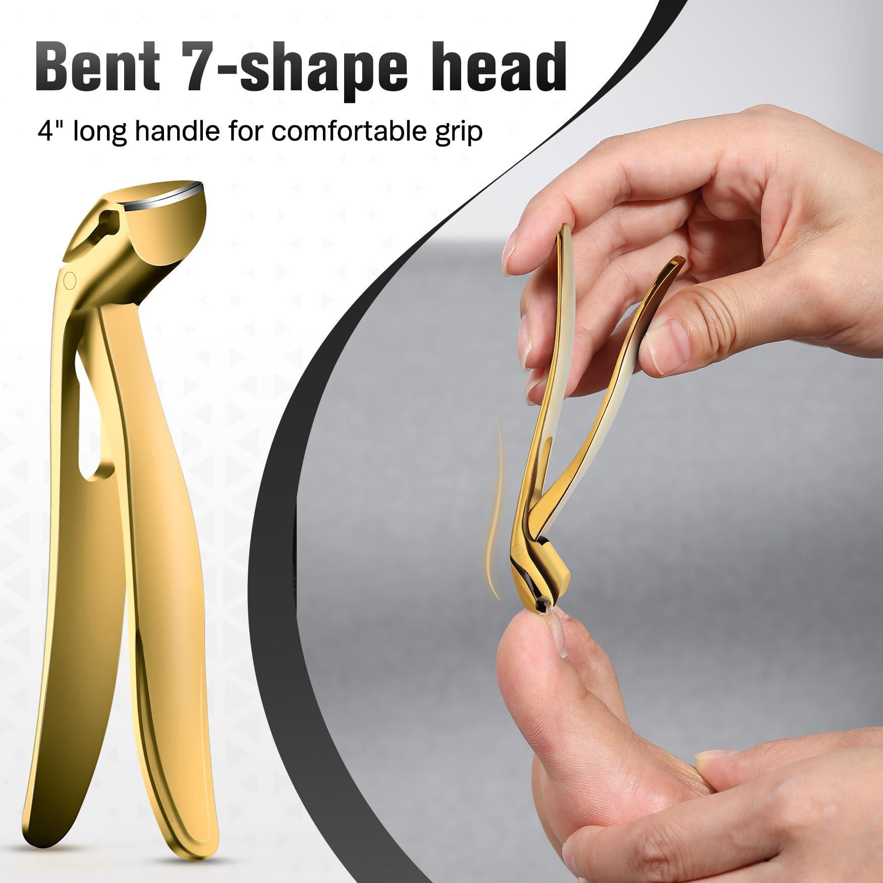 FERYES FERYES Angled Head Long Handled Toenail Clipper for Seniors - Large Wide Jaw Nail Clipper with Catcher for Thick Nails - Easier Trimming, Ergonomic Design (Gold