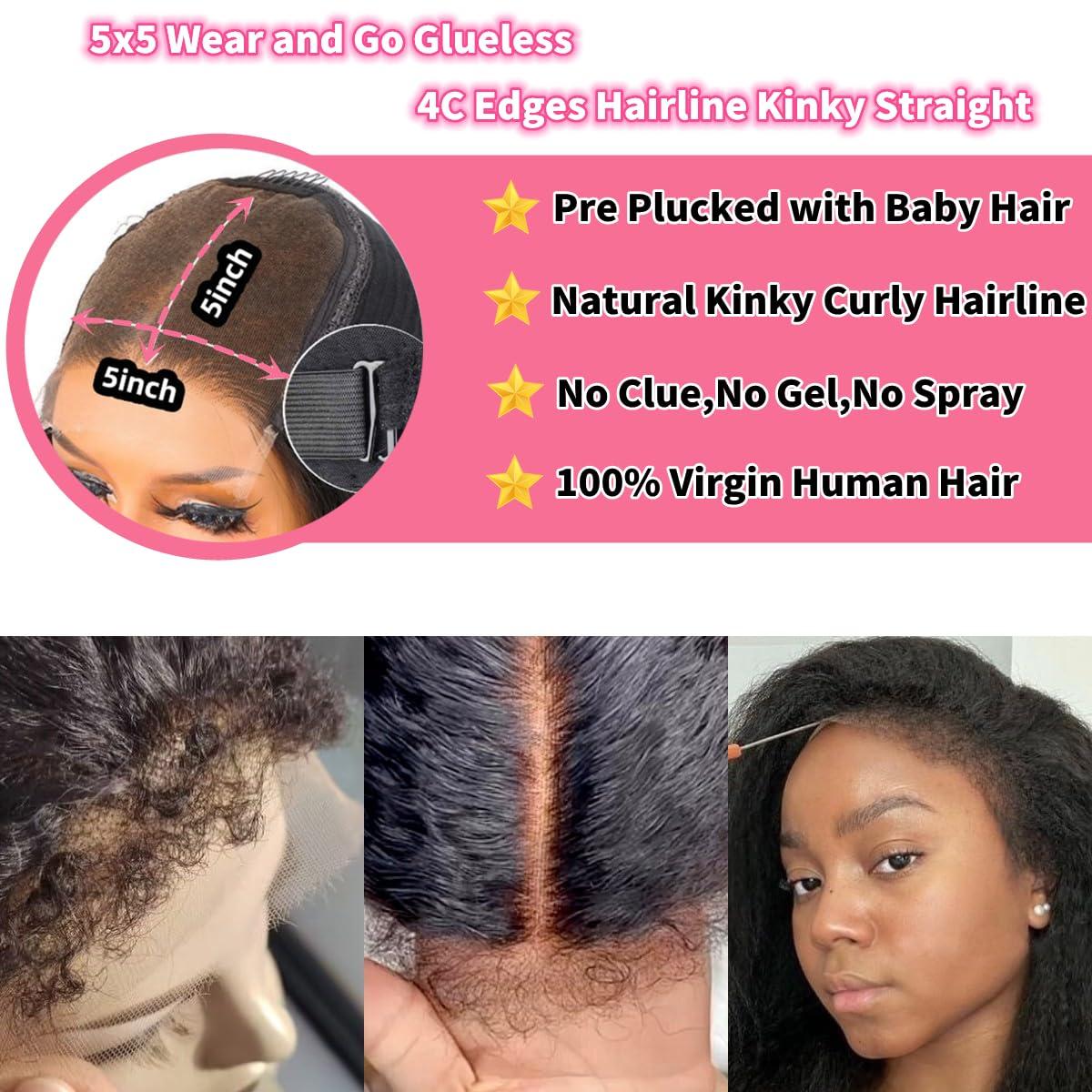 Fuuatn 5x5 HD Lace Closure Wear and Go Glueless Wigs Human Hair Pre Plucked Pre Cut 4C Kinky Curly Edges Hairline 180% Density Kinky Straight Lace Front Wigs (20 inch, Glueless 5X5 HD lace 4C Edges Wig)