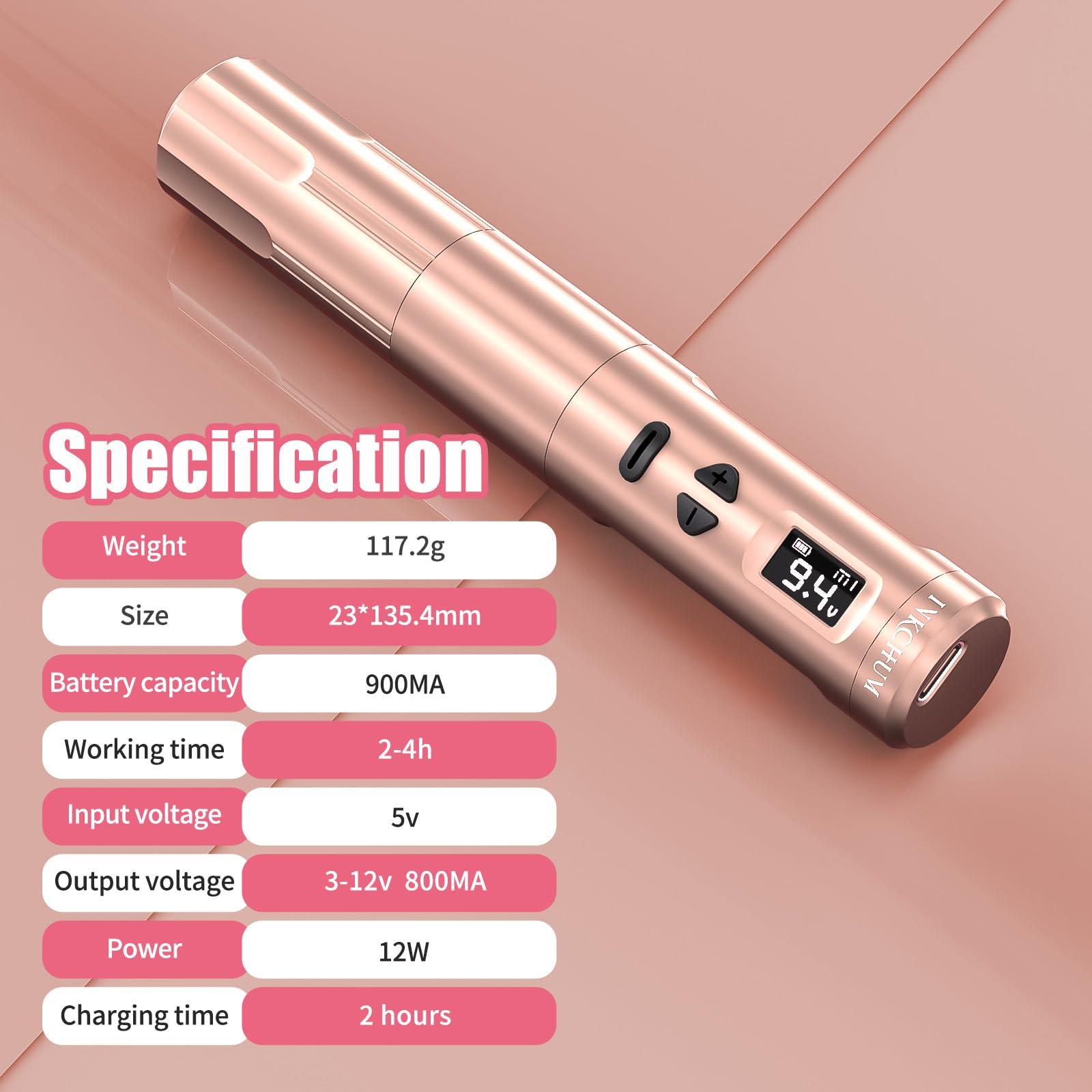 INKCHUM INKCHUM Microblading Supplies Wireless RCA Machine Pen with 2 Batteries Digital OLED Display 10W Coreless Motorfor Miroblading Shading Lining Eyeliner Lips(Rose Gold)