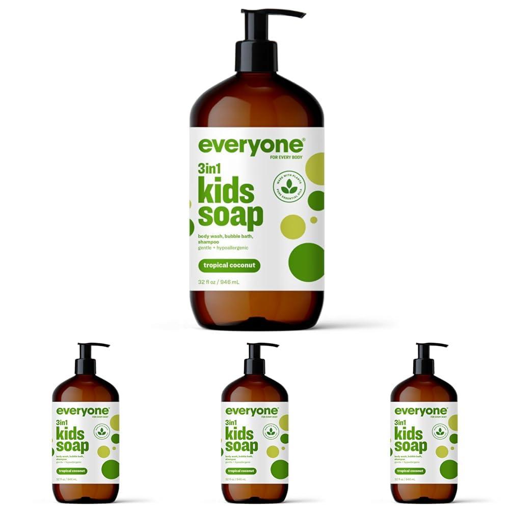 EO Everyone 3-in-1 Kids Soap, Body Wash, Bubble Bath, Shampoo, 32 Ounce (Pack of 4), Tropical Coconut, Coconut Cleanser with Plant Extracts and Pure Essential Oils