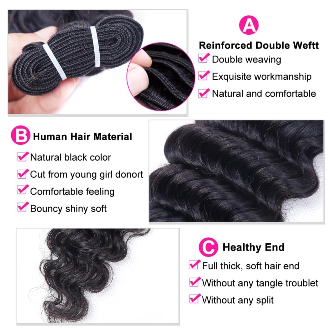 Odir Odir Deep Wave Hair Bundles with 13x4 Frontal Brazilian Human Hair Deep Curly Hair 3 Bundles with Lace Frontal 14 16 18+12 Inch 9A Unprocessed Virgin Hair Natural Color