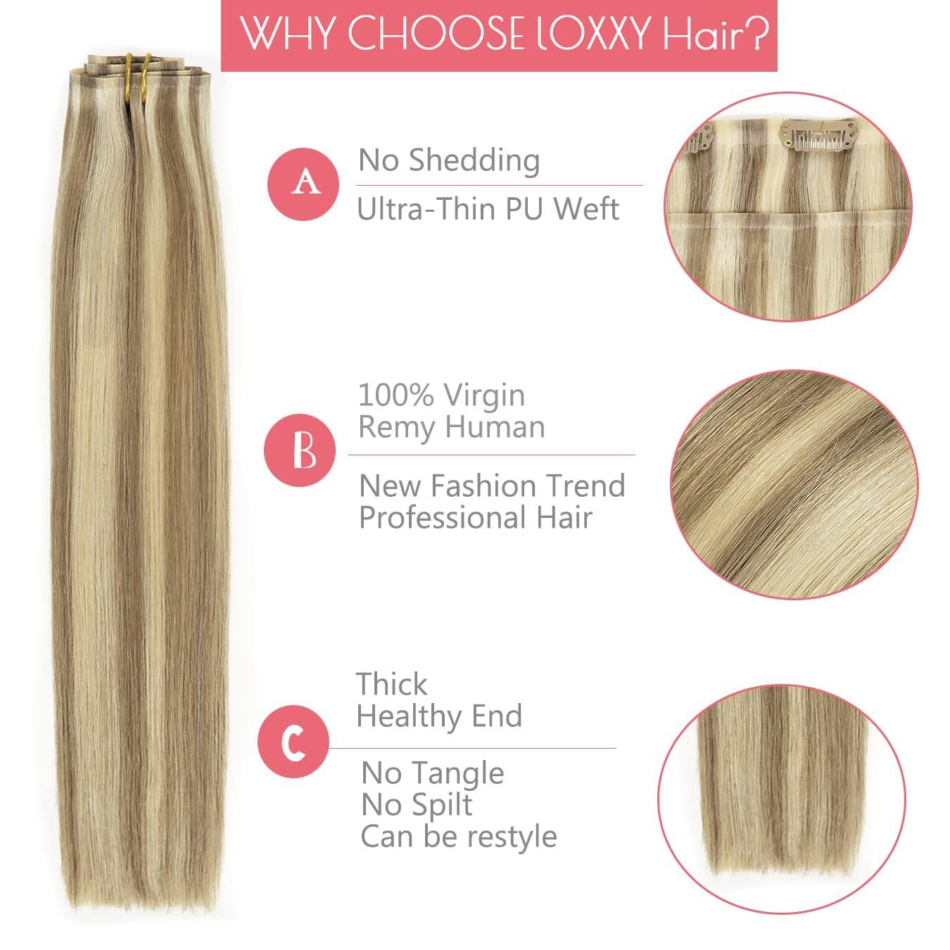 Loxxy Loxxy Glam Seamless Clip in Hair Extensions Double Thin PU Weft 100% Remy Hair Extensions Clip in Human Hair 20Inch Piano Light Brown Mixed With Platinum Blonde #P8/60 110Gram 7PCS Full Head