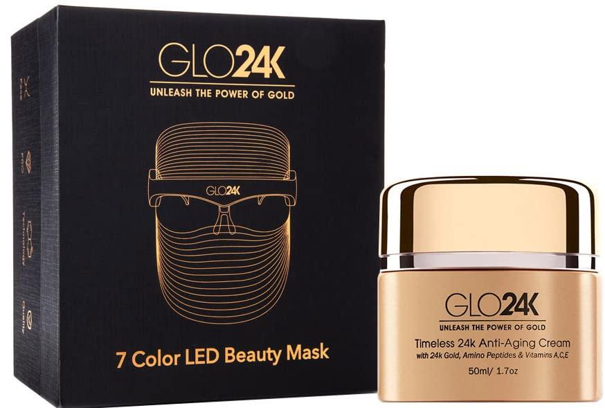 GLO24K UNLEASH THE POWER OF GOLD GLO24K 7 Color LED Beauty Mask + 24k Timeless Anti-Aging Cream. For Flawless, Glowing, and Radiant Skin.
