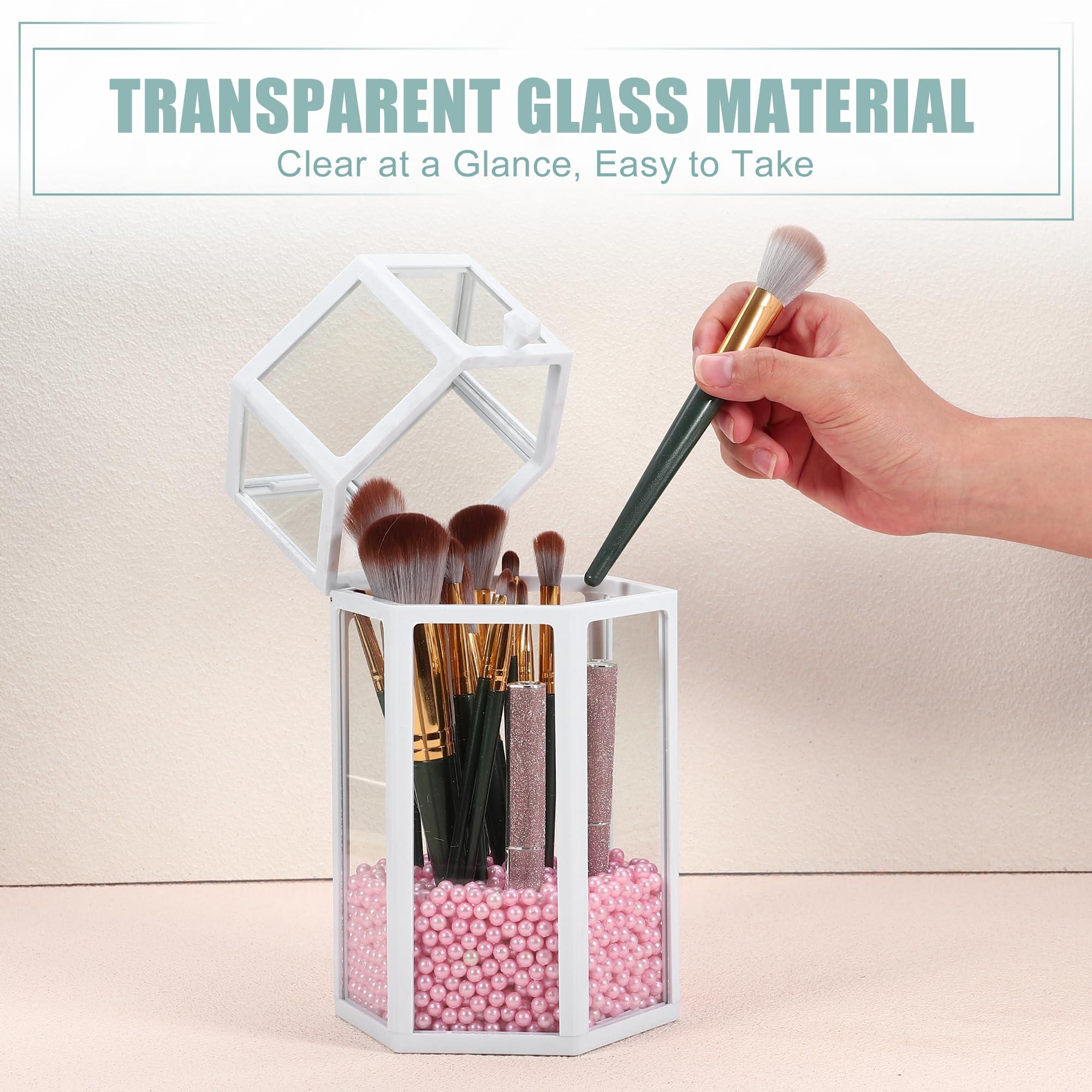 VOCOSTE VOCOSTE Clear Makeup Brush Holder, Dustproof Makeup Brush Storage Box with Lid, Glass Makeup Brush Holder for Vanity, Hexagon with Pink Faux Pearl, White